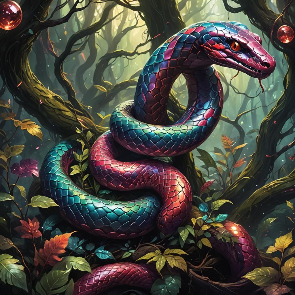 Blood Snake in Mystical Forest, Dark Fantasy Art
