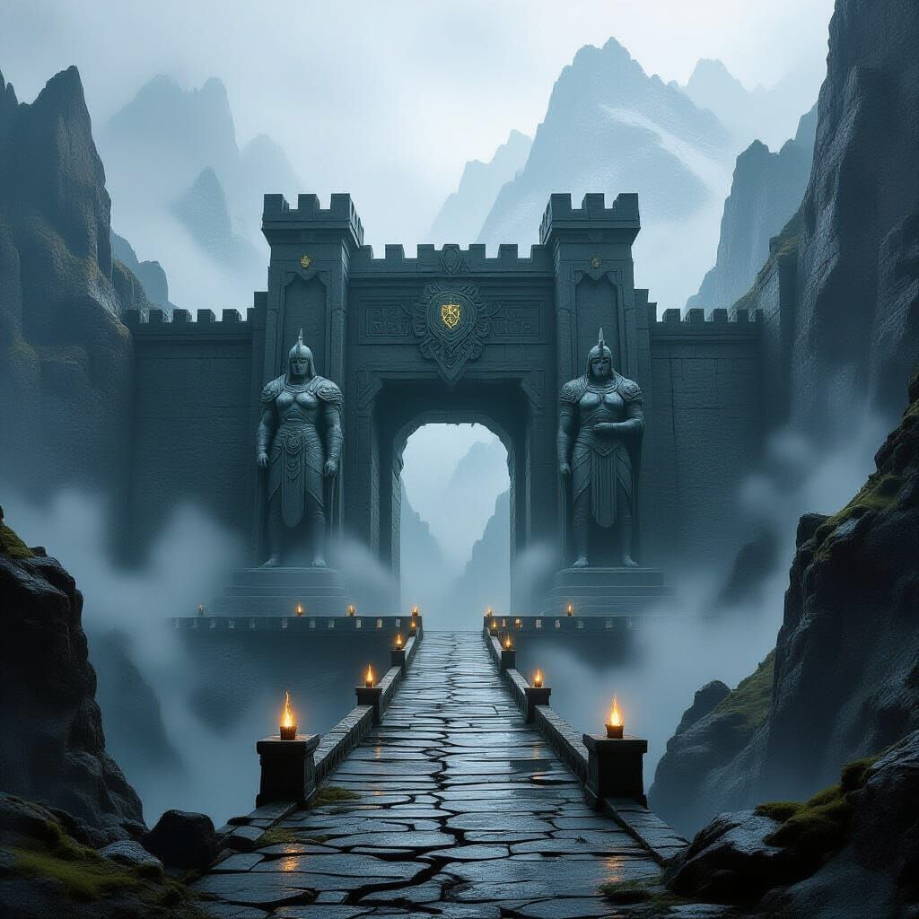 Colossal Stone Gate in Misty Mountains, Dark Fantasy Art