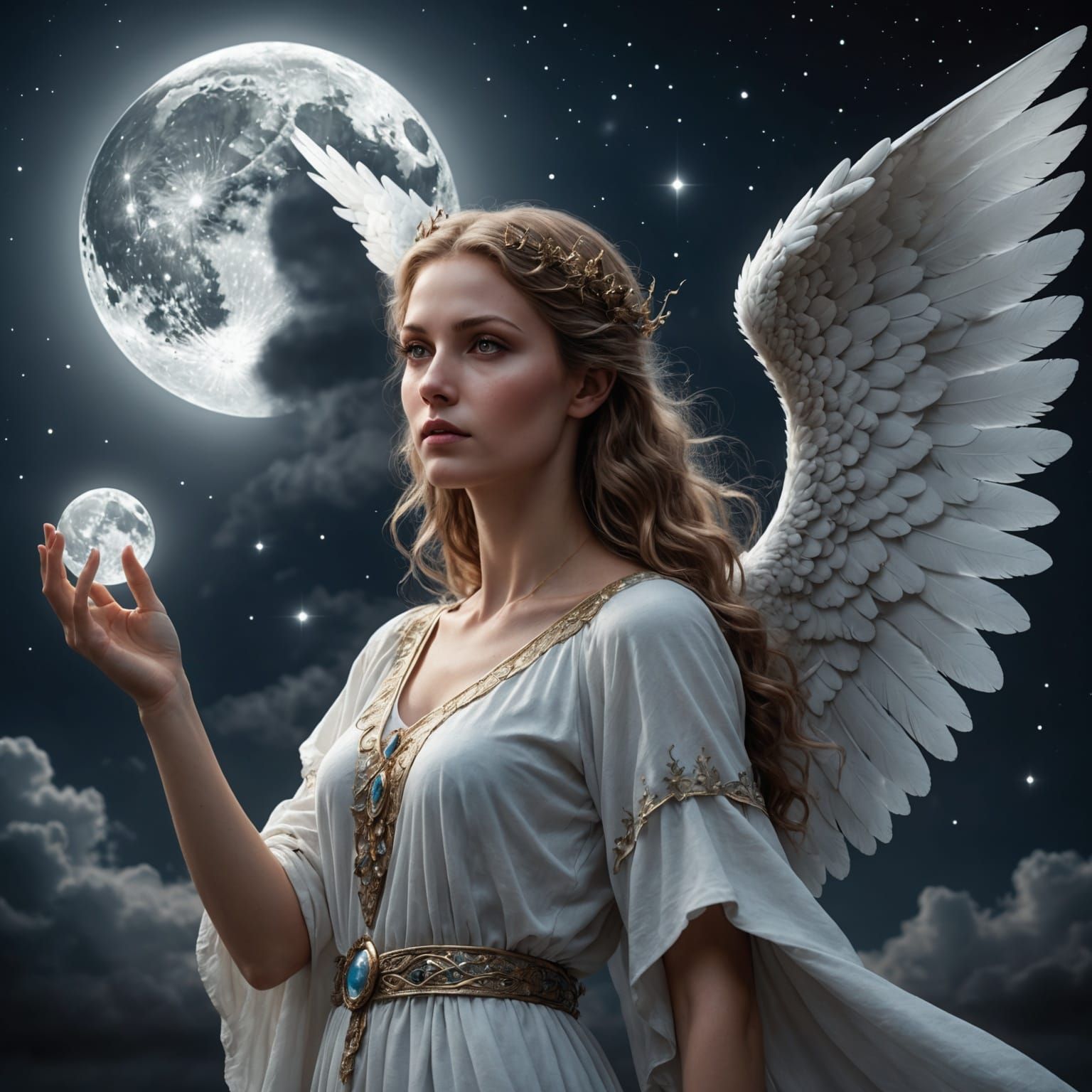 Mystical Angel Woman Under Full Moon