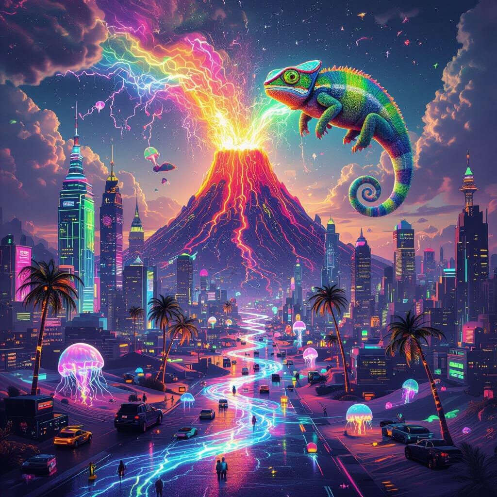 Surreal Candy Volcano Erupts in Neon City with Giant Chamele...