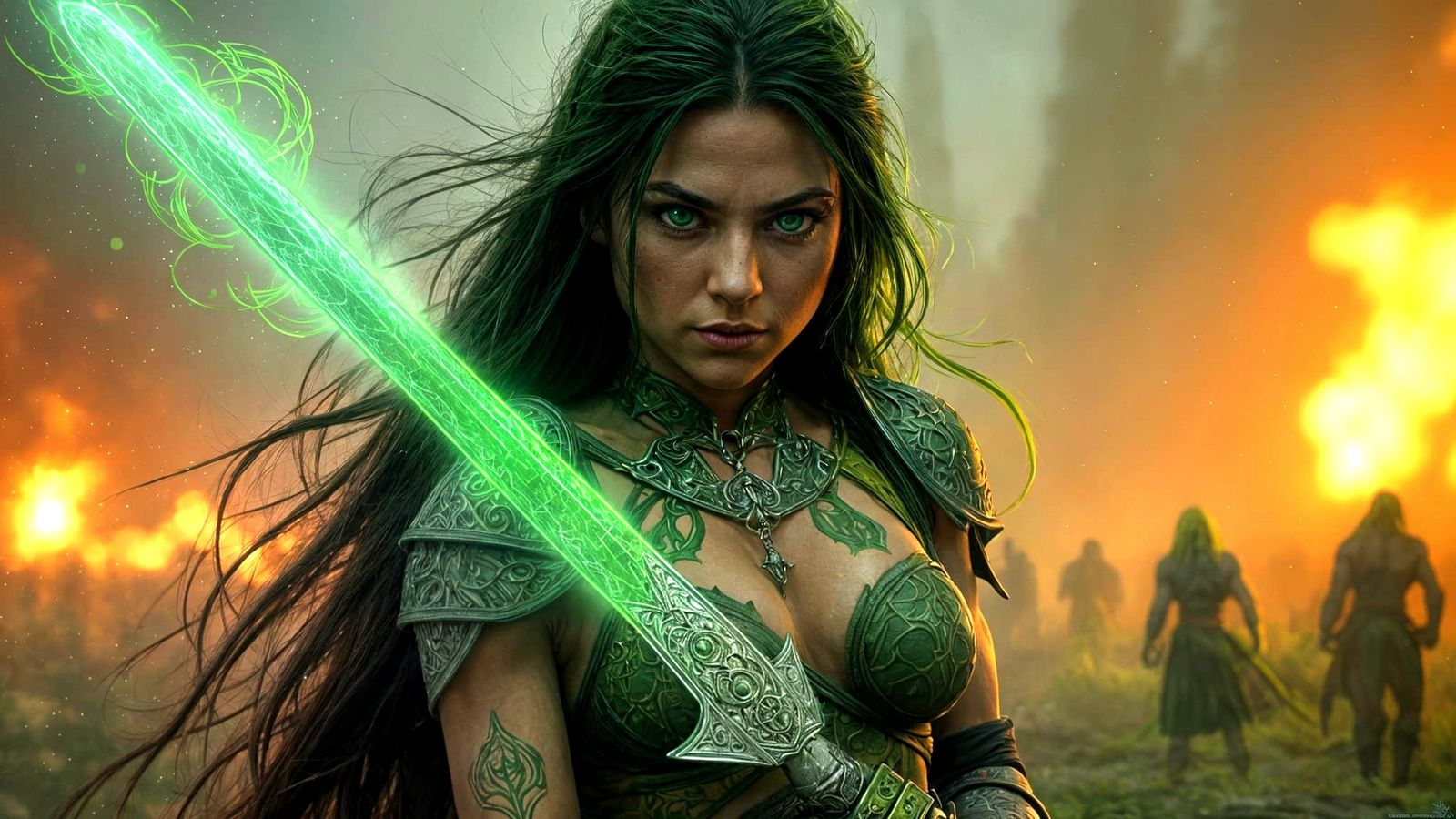 Epic Female Warrior with Magical Powers in a Dark Battlefiel...