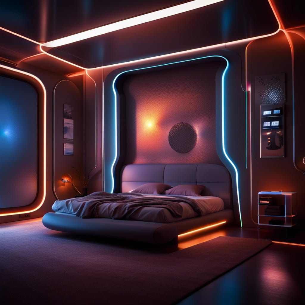 Futuristic Bedroom with Warm LED Lighting at Night