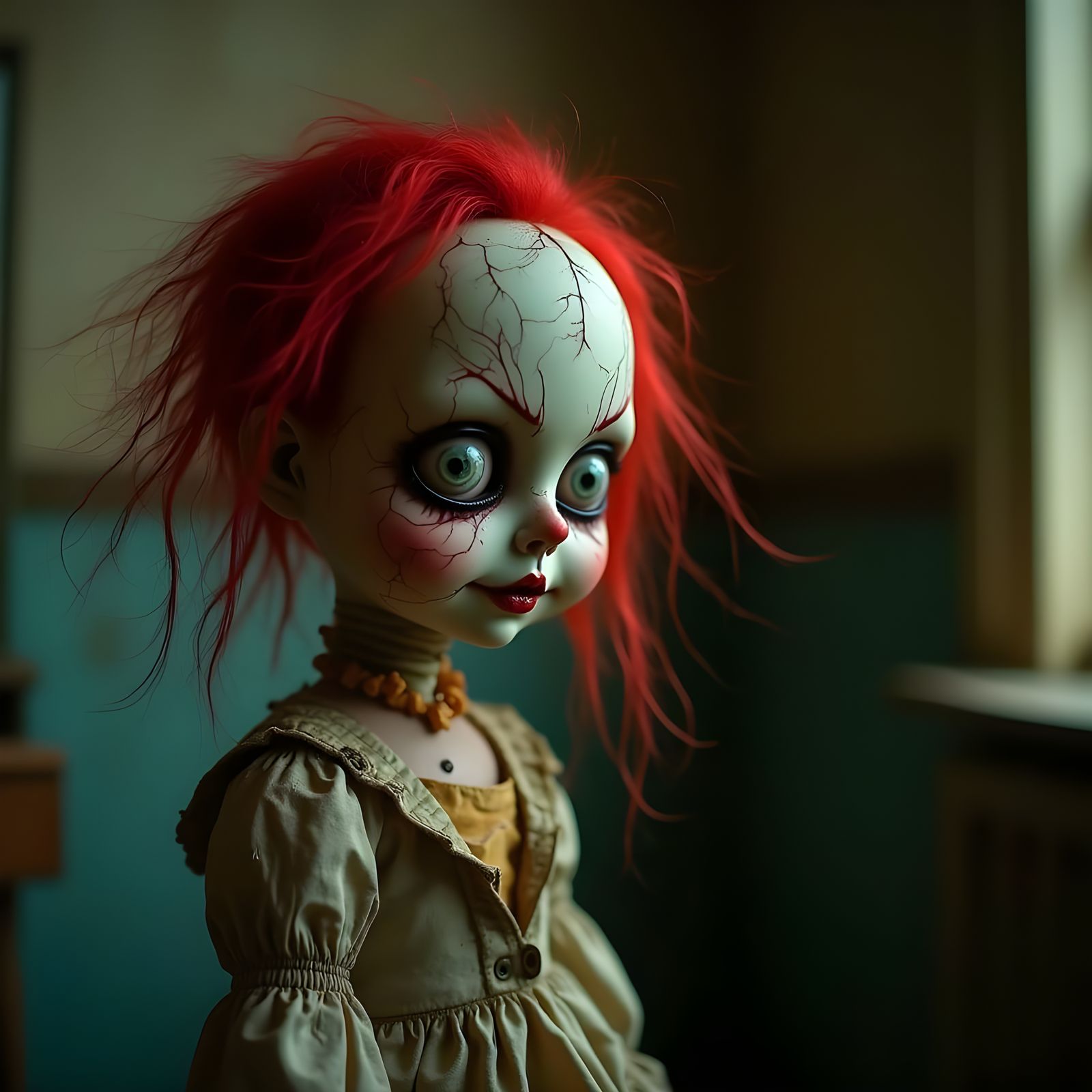 Sinister Patchwork Doll in Dimly Lit Room