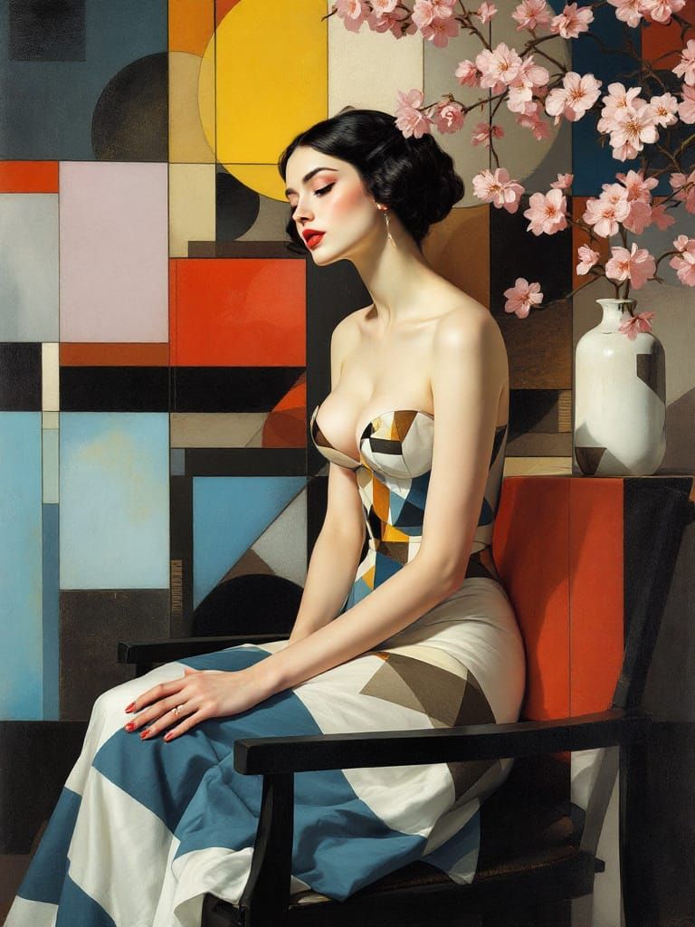 Abstract Geometric Garden with Pin-Up Girl in Golden Age Sty...