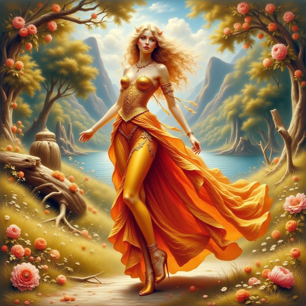 Elegant Woman Strolls in Whimsical Art Nouveau Style