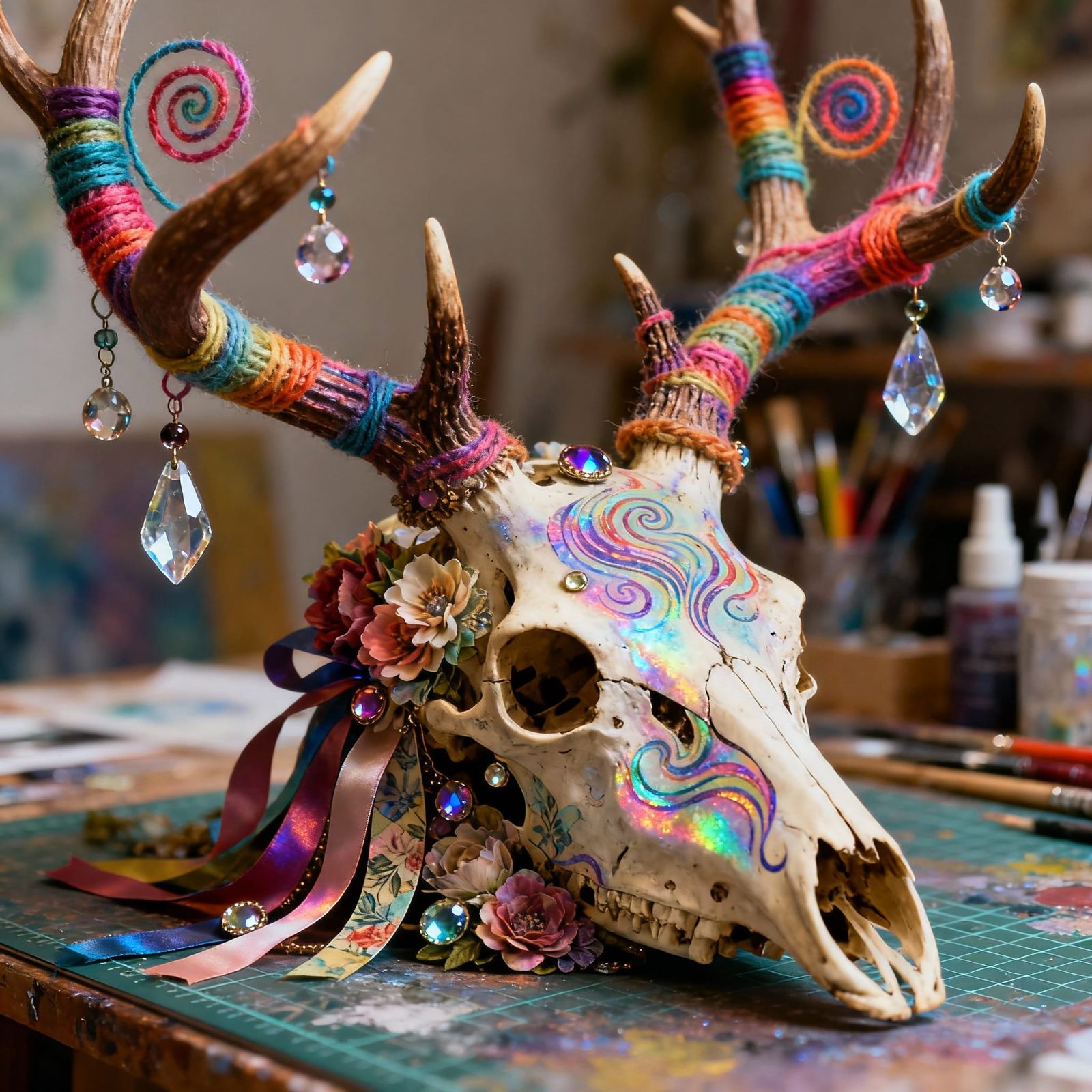 Mystical Deer Skull Assemblage with Gems and Yarn Spirals