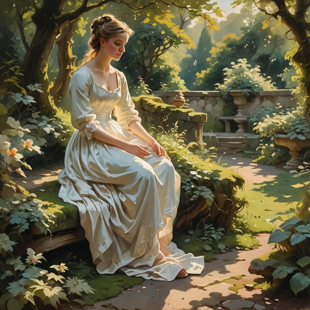 Romantic Garden Scene in French Oil Painting Style