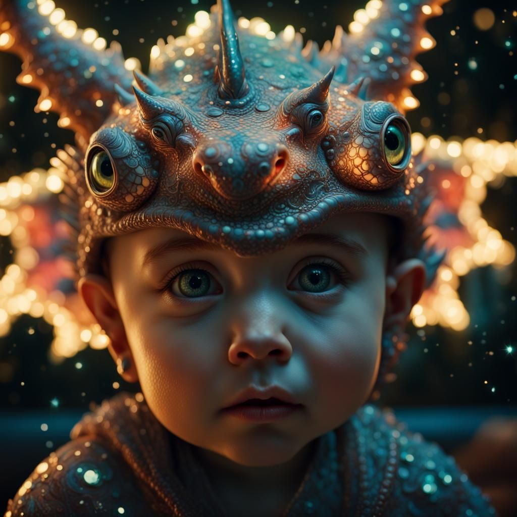 Adorable Dragon Portrait with Luminous Starry Background