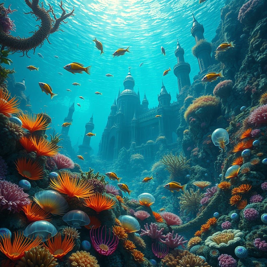 Surreal Ocean Floor Teeming with Marine Life and Ancient Sun...