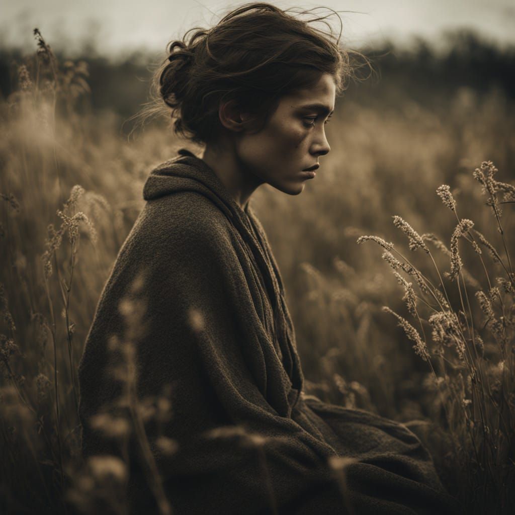 Sorrowful Woman in Nature, Muted Earth Tones