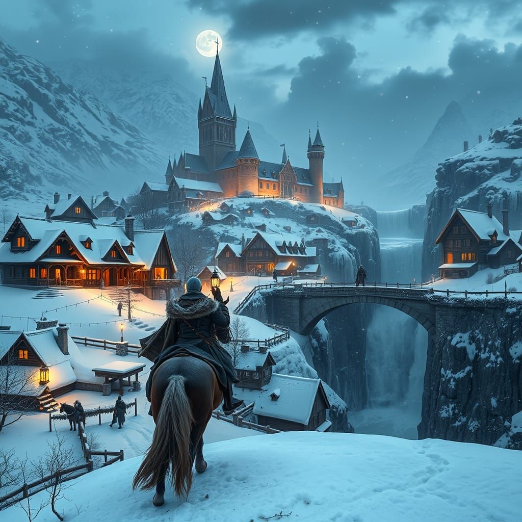 Winter Fantasy Scene with Medieval Village and Majestic Cast...