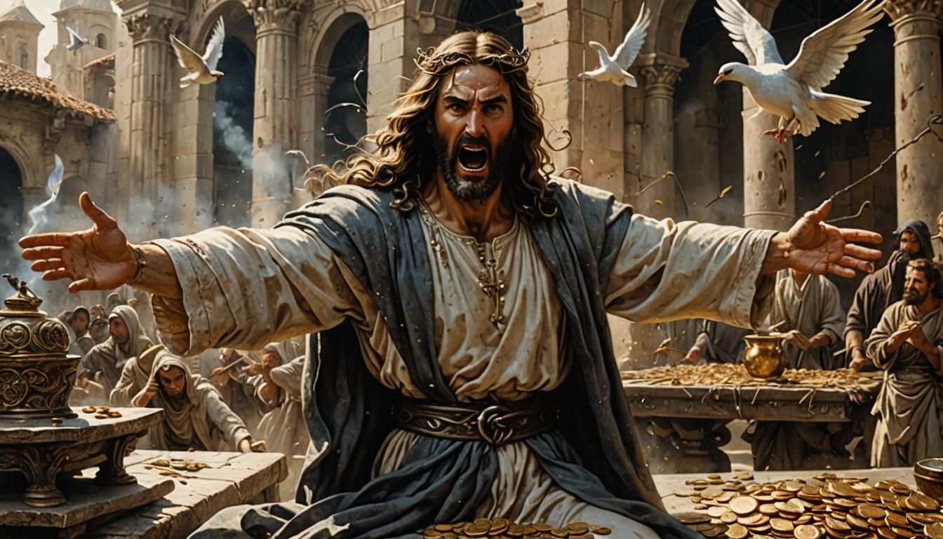 Wrathful Jesus Overturns Table in Temple: Hyperdetailed Art