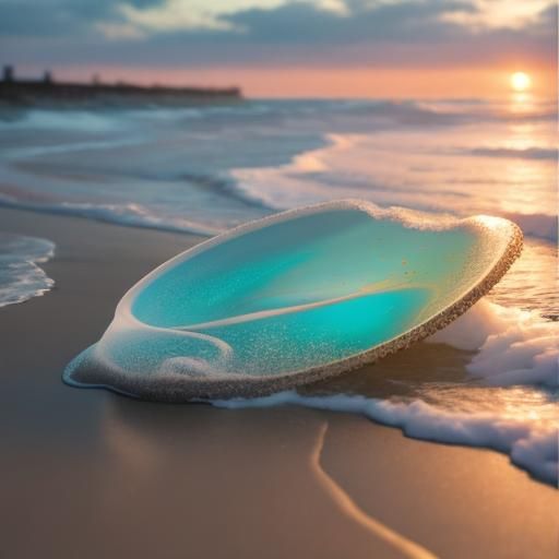 Hyperrealistic Sunset Beach with Shells and Sea Glass
