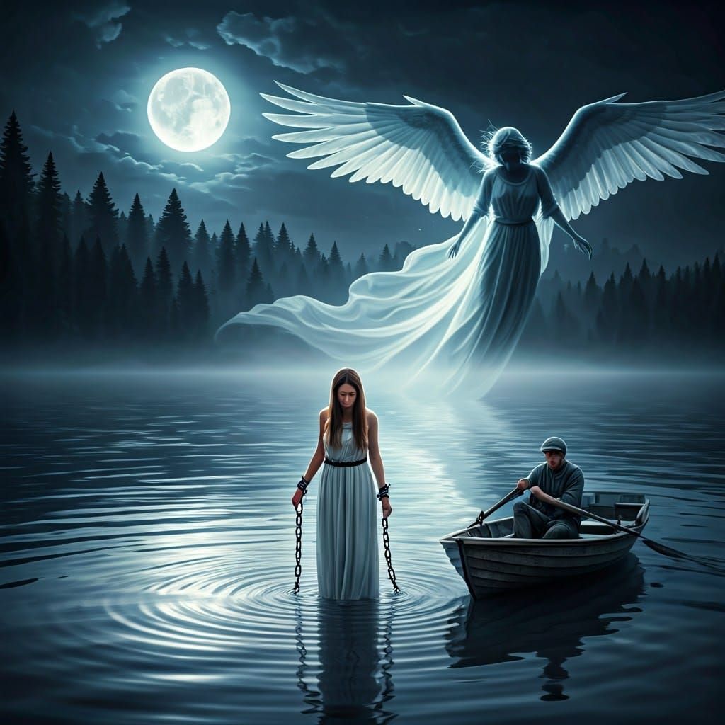 Moonlit Woman with Chain and Angel in Fantasy Art