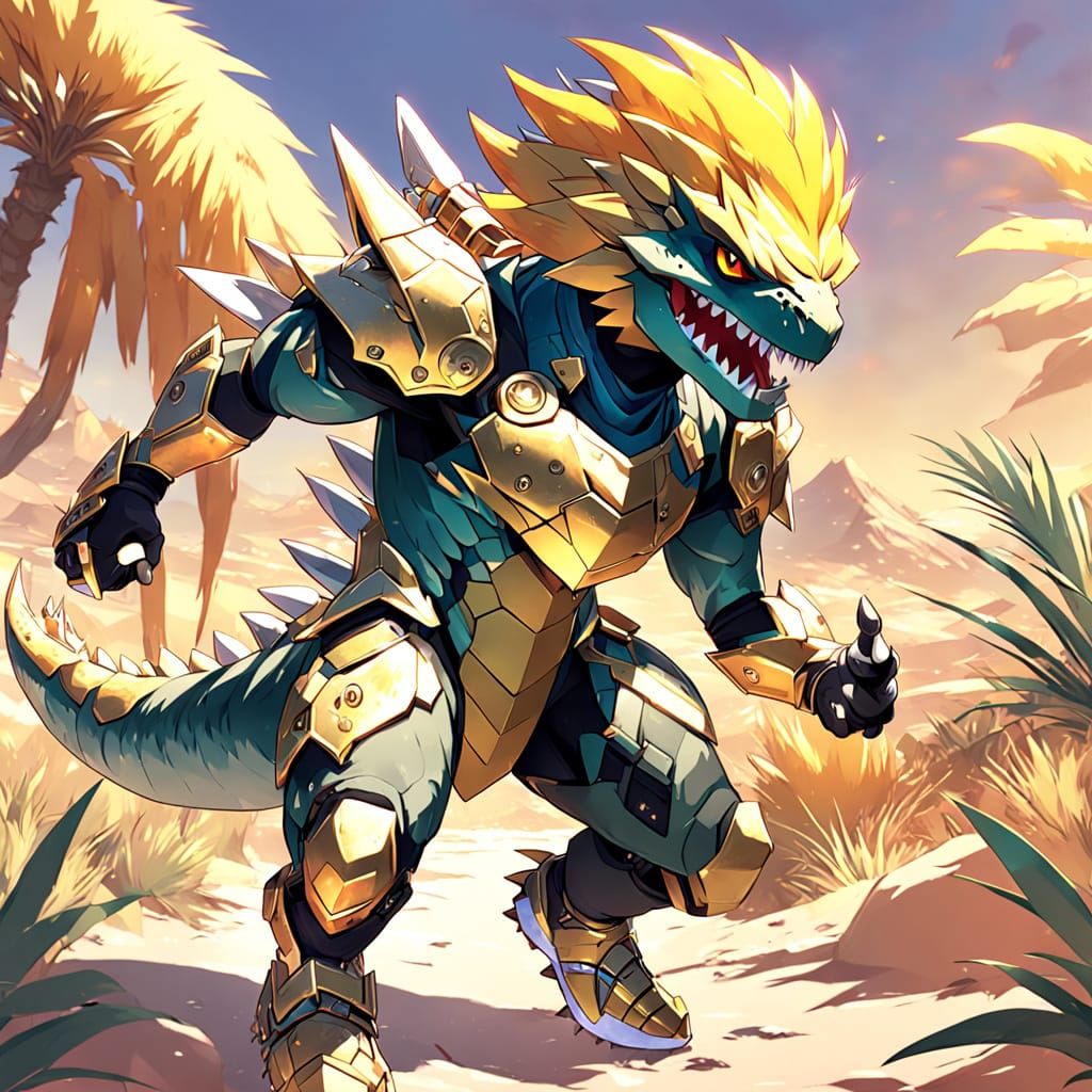 Golden Dinosaur in Anime Style Wears Nike Shoes and Has Blad...