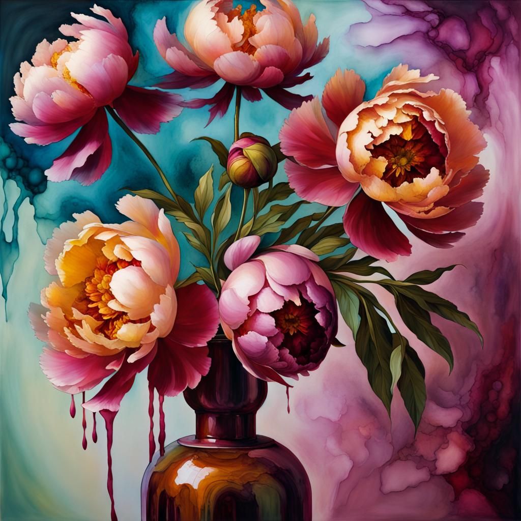 Peonies and Robot in Flowing Alcohol Ink Style