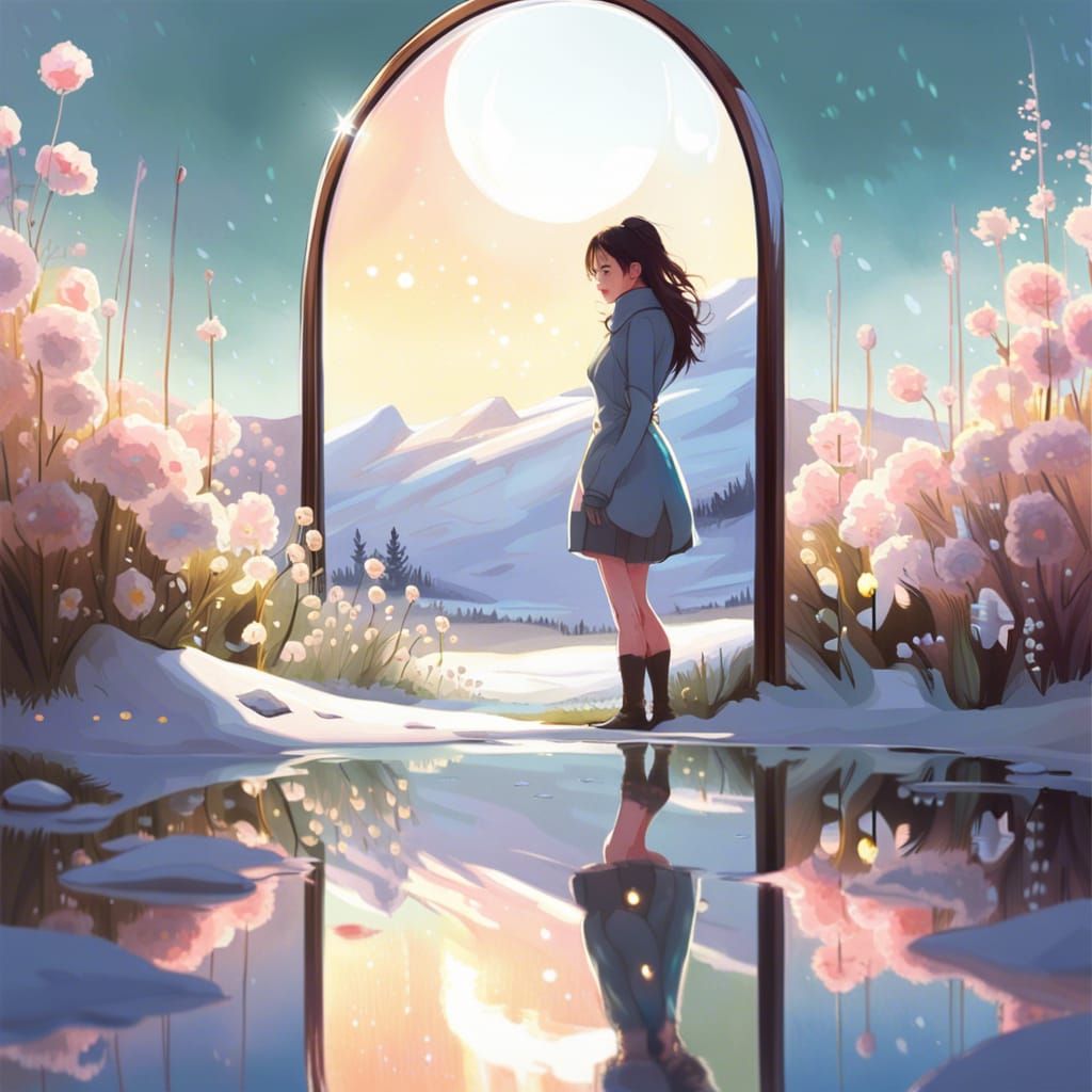 Mirror Reflecting Winter Landscape in Spring Field