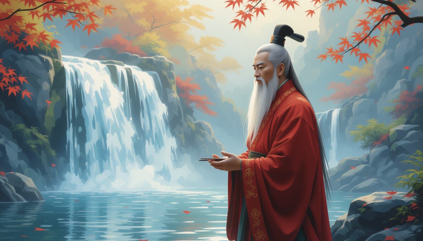 Taoist Monk Meditating by Waterfall: Chinese Painting