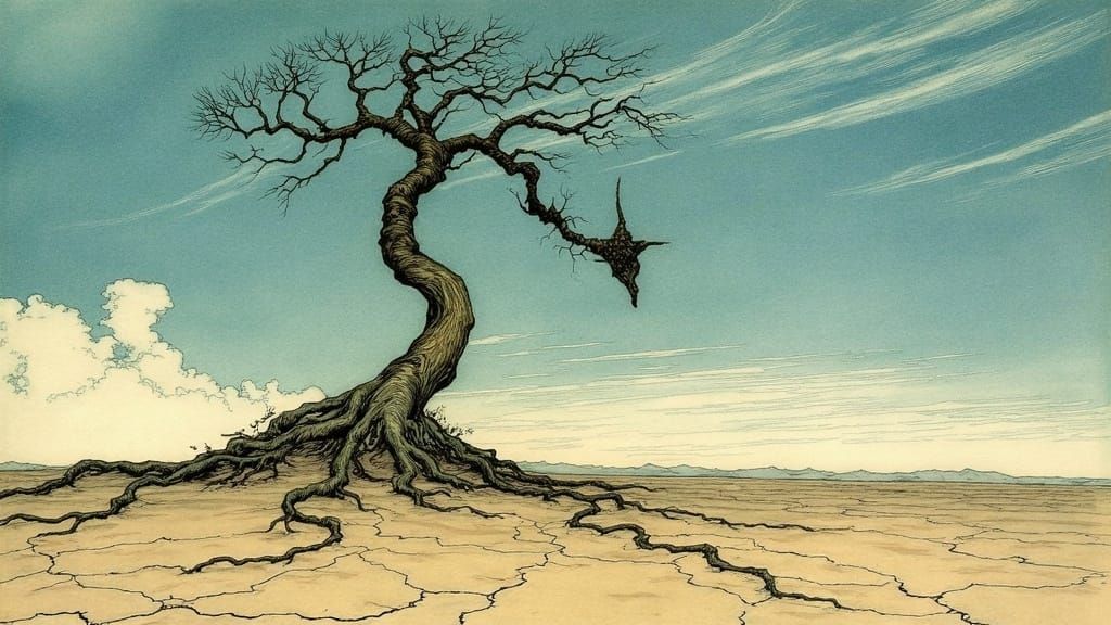 Alien Desert Landscape in Arthur Rackham Style