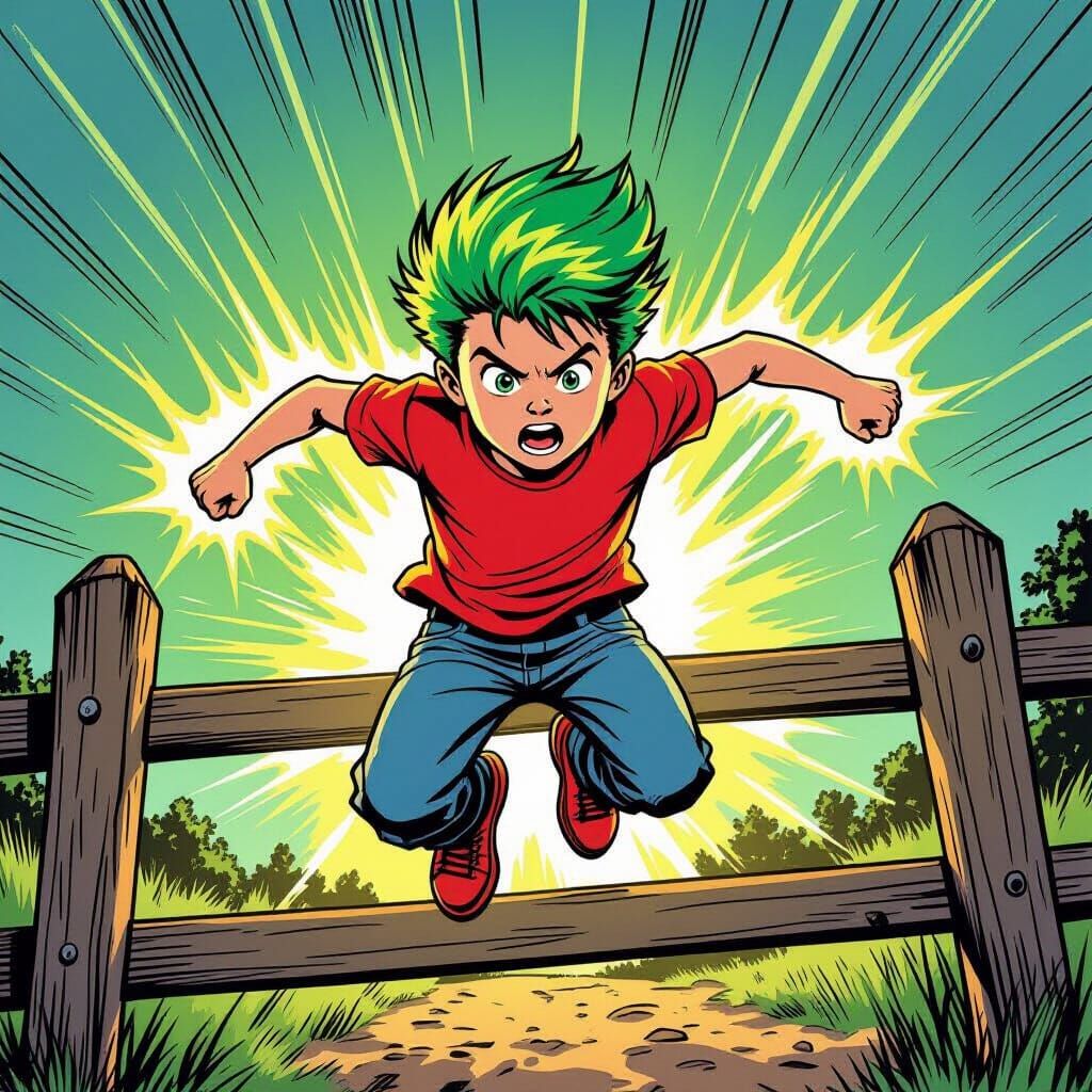 Energetic Boy with Green Hair Leaps Over Fence