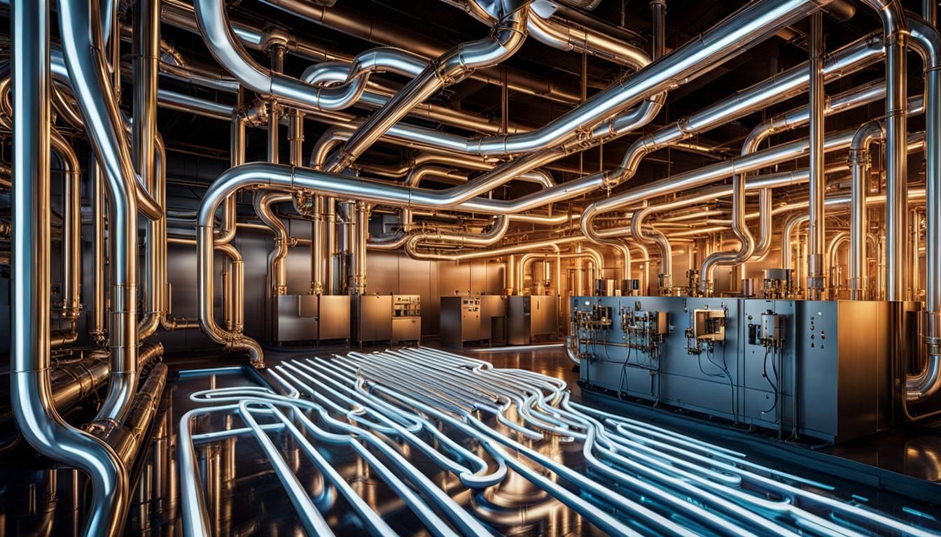 Industrial Plumbing Factory Interior with Glowing Pipes