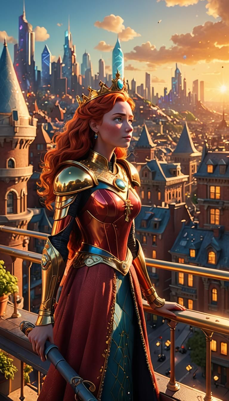 Red-Haired Queen Overlooks Futuristic City: Pixar Style