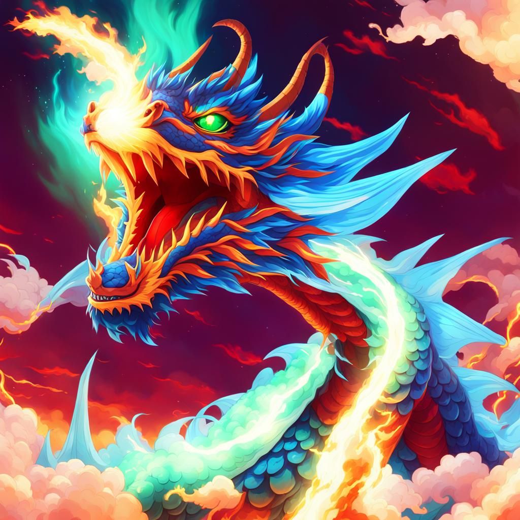 Blue Azure Dragon Unleashing Fireball in Anime Style