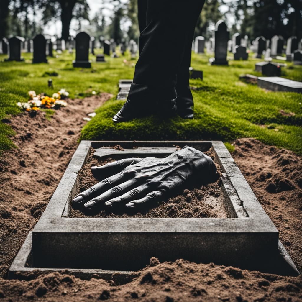 Grave Scene: Hand Emerging from Cemetery Ground
