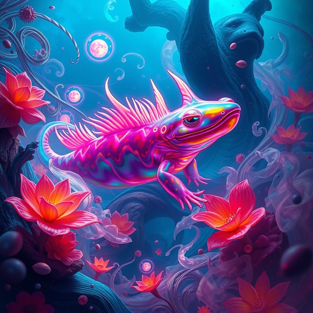 Mystical Axolotl in a Dreamlike Paradise