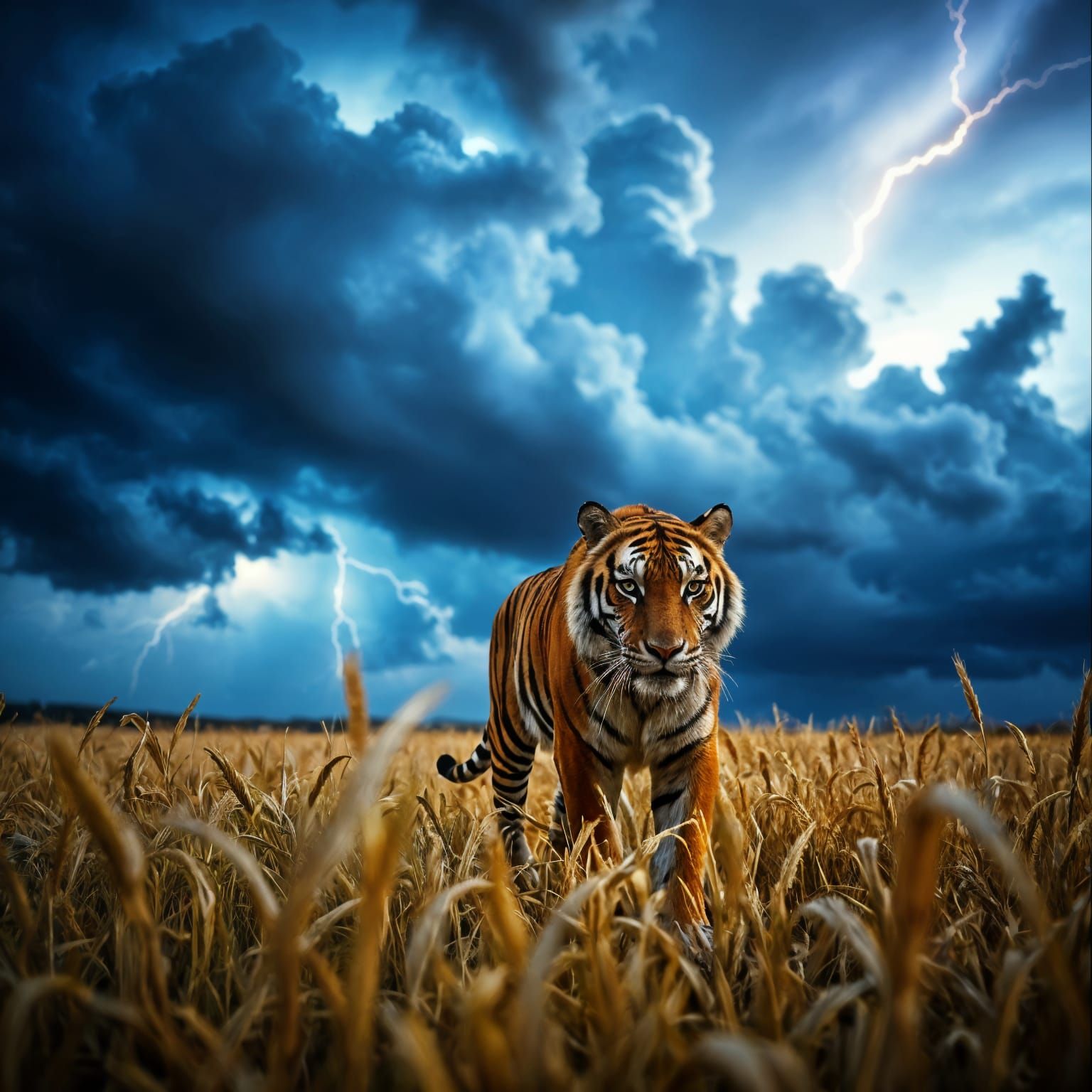 A Tiger Stands Alone Under Stormy Skies