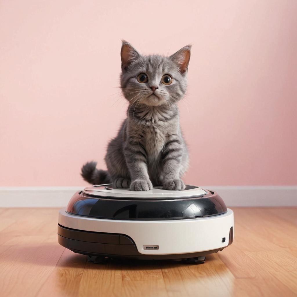 Cat Riding Robot Vacuum Cleaner in Matte Painting