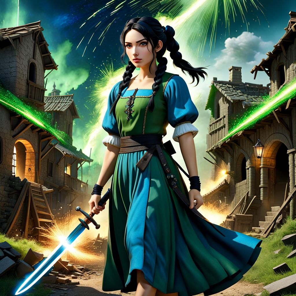 Tomboy Warrior with Sword in Ruined Village