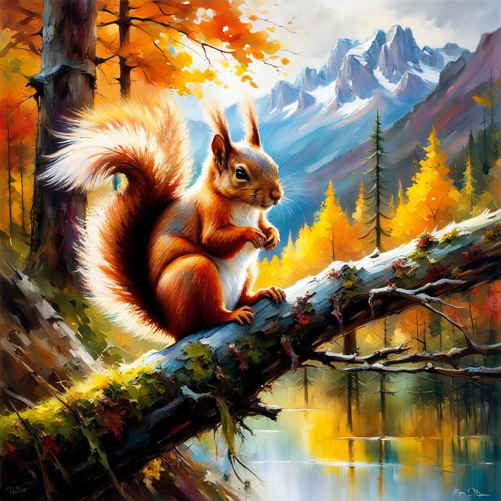 Squirrel Portrait in Forest, Fine Art Oil Painting