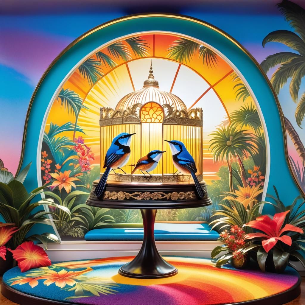 Fairy Wrens in 80s Florida Lanai Birdcage