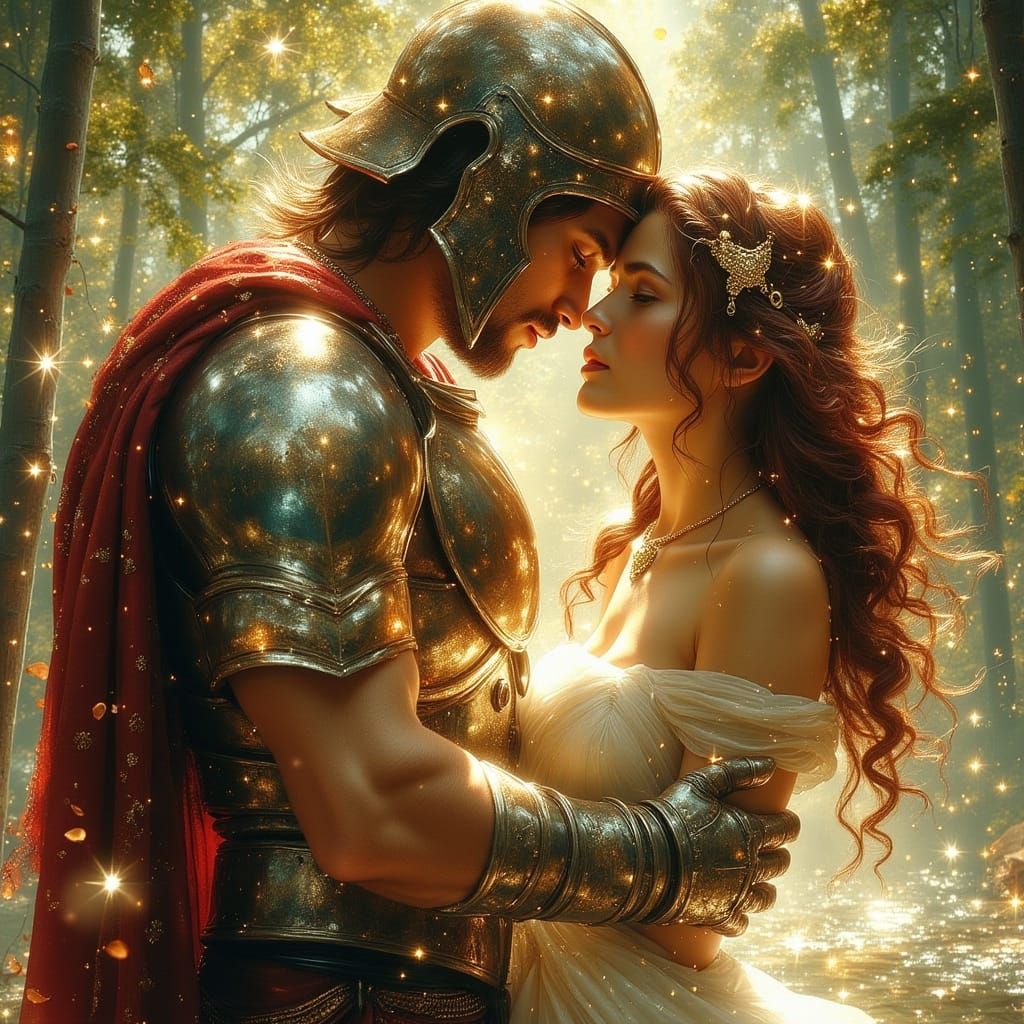 Spartan Warrior Embraces Siren in Mystical Aura