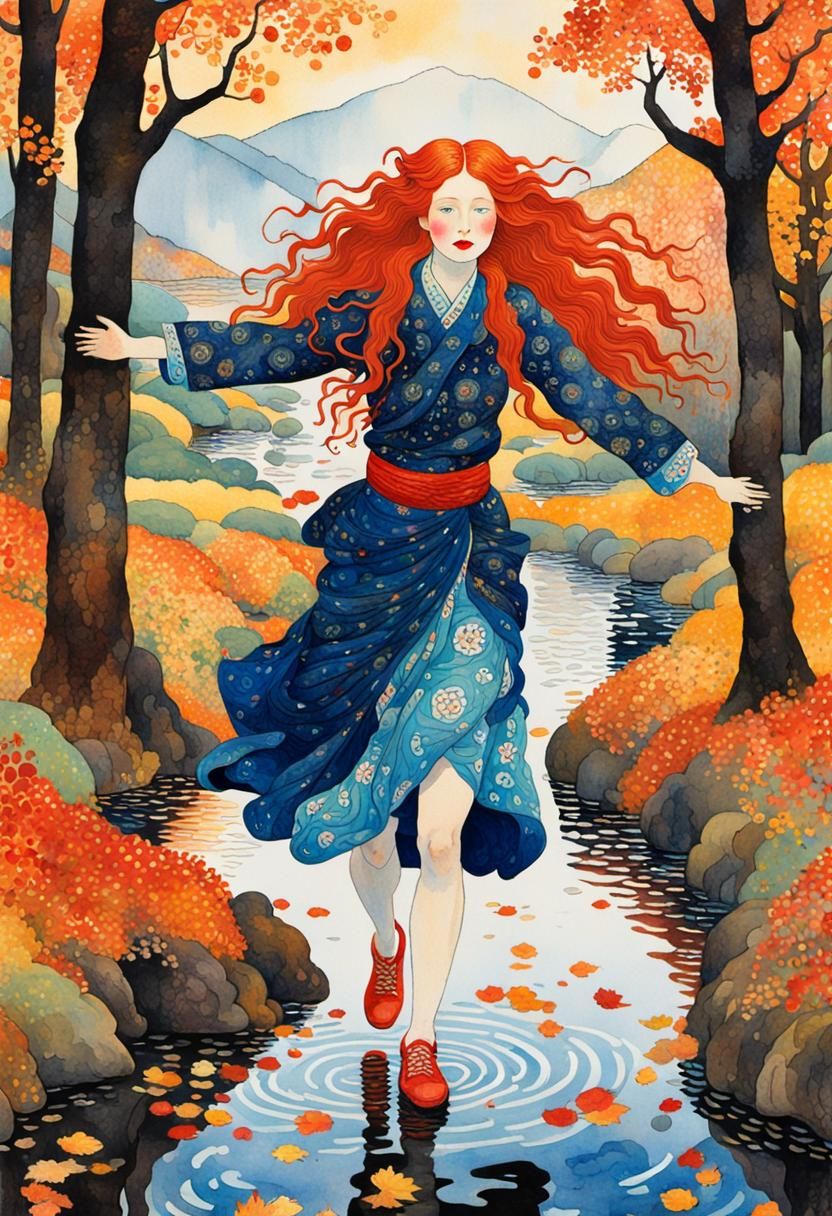 Edwardian Woman's Autumn Leap: Klimt-style Ukiyo-e