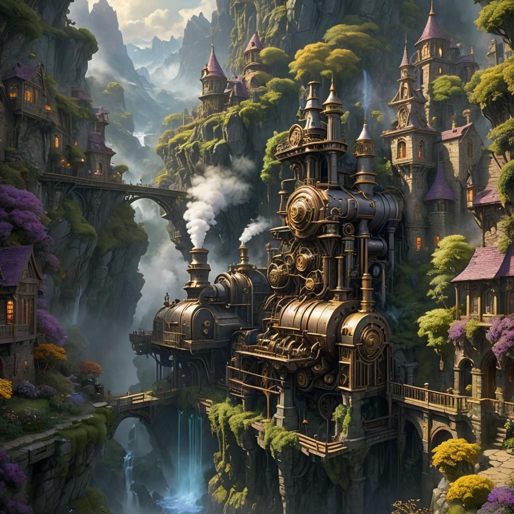 Ethereal Steampunk Valley in Detailed Matte Painting