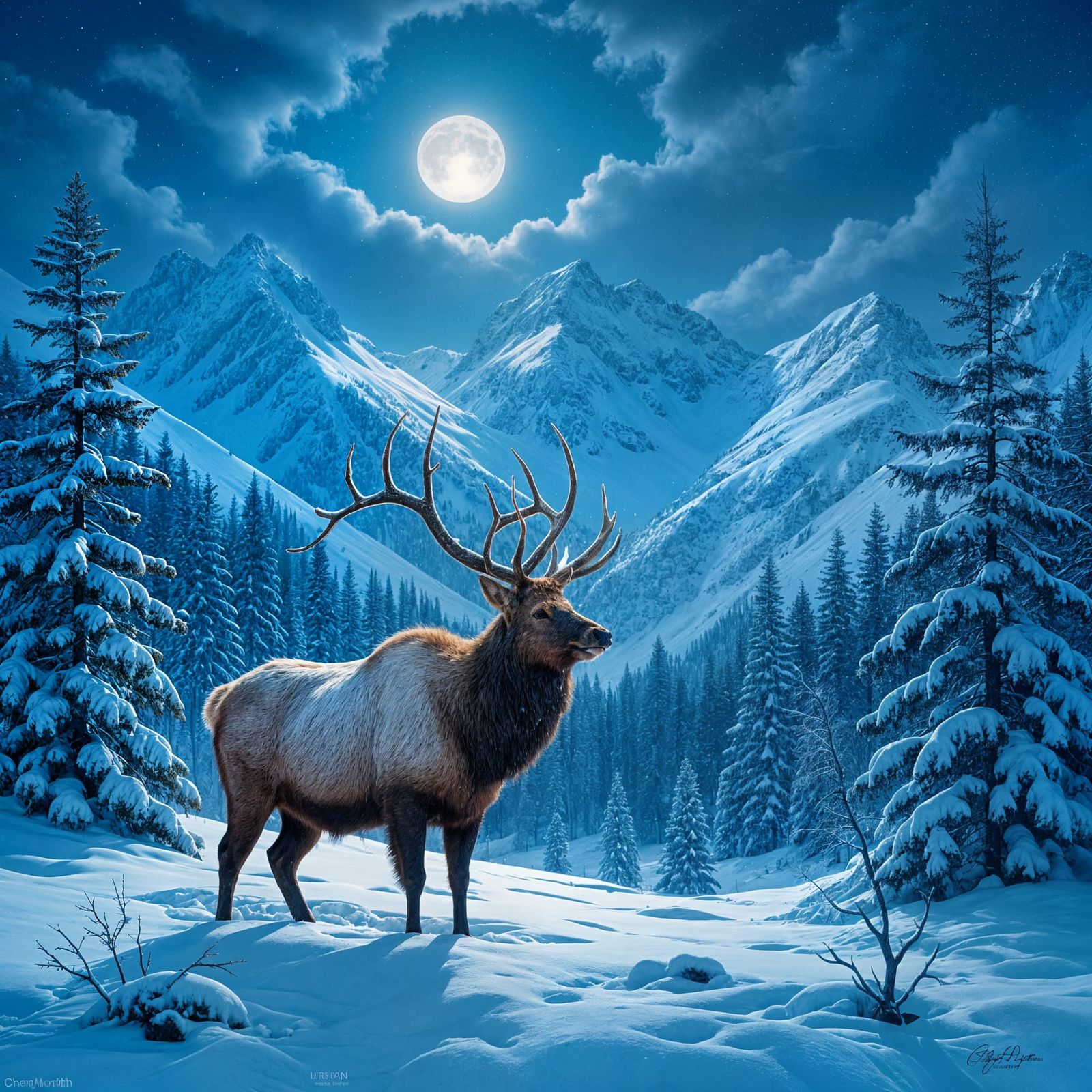 Majestic Elk on Cold Winter Night with Snowy Mountains