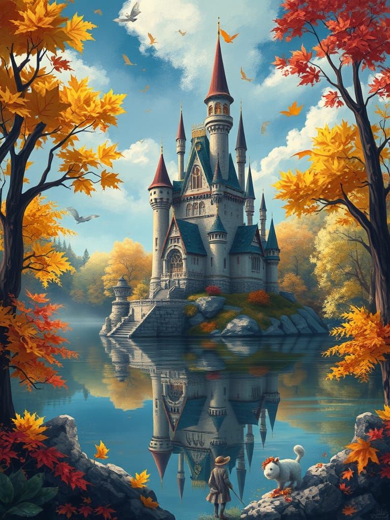 Fantasy Castle on Lake with Autumn Trees
