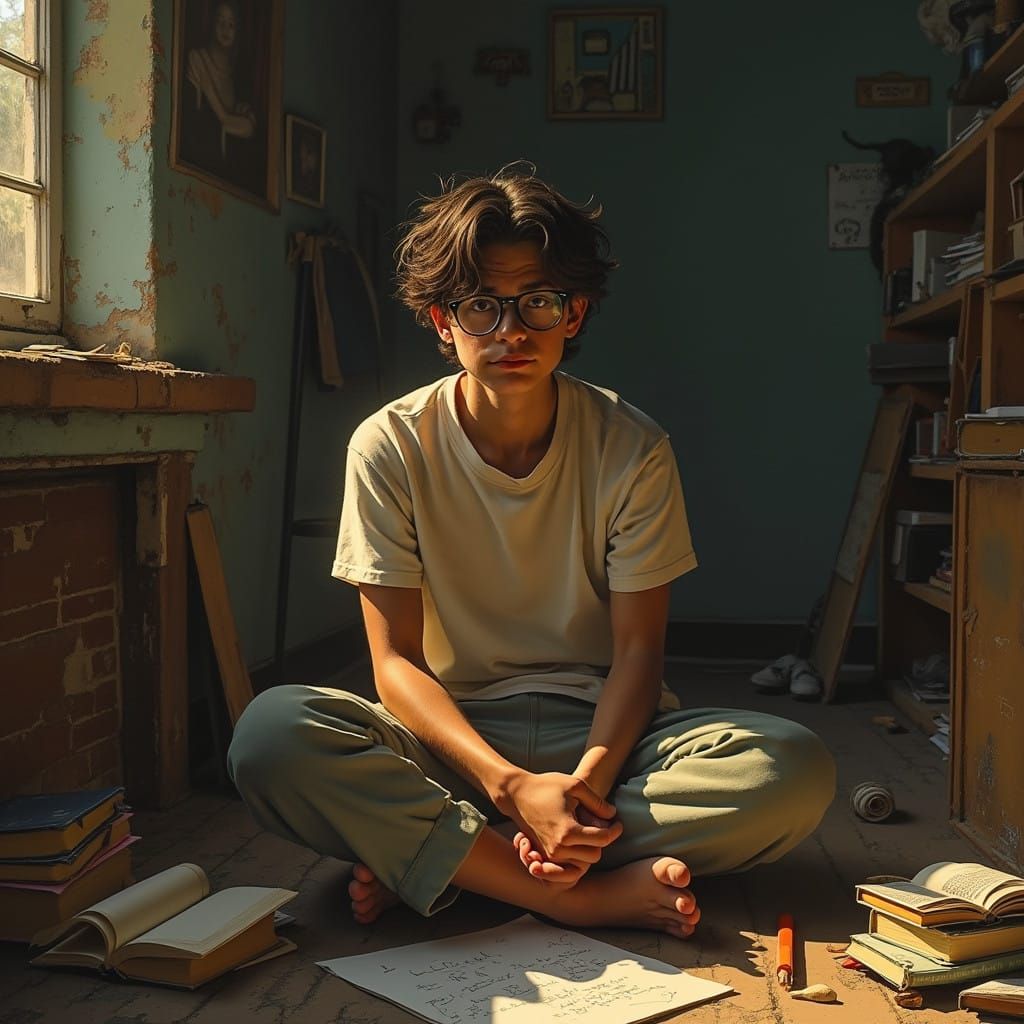 Intellectual Man Ponders Existential Question in Cozy, Clutt...