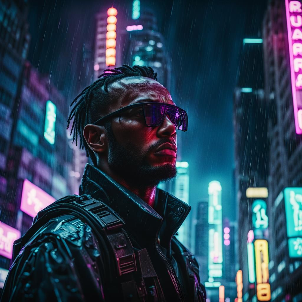 Cyberpunk Protagonist in Rainy Neon Cityscape