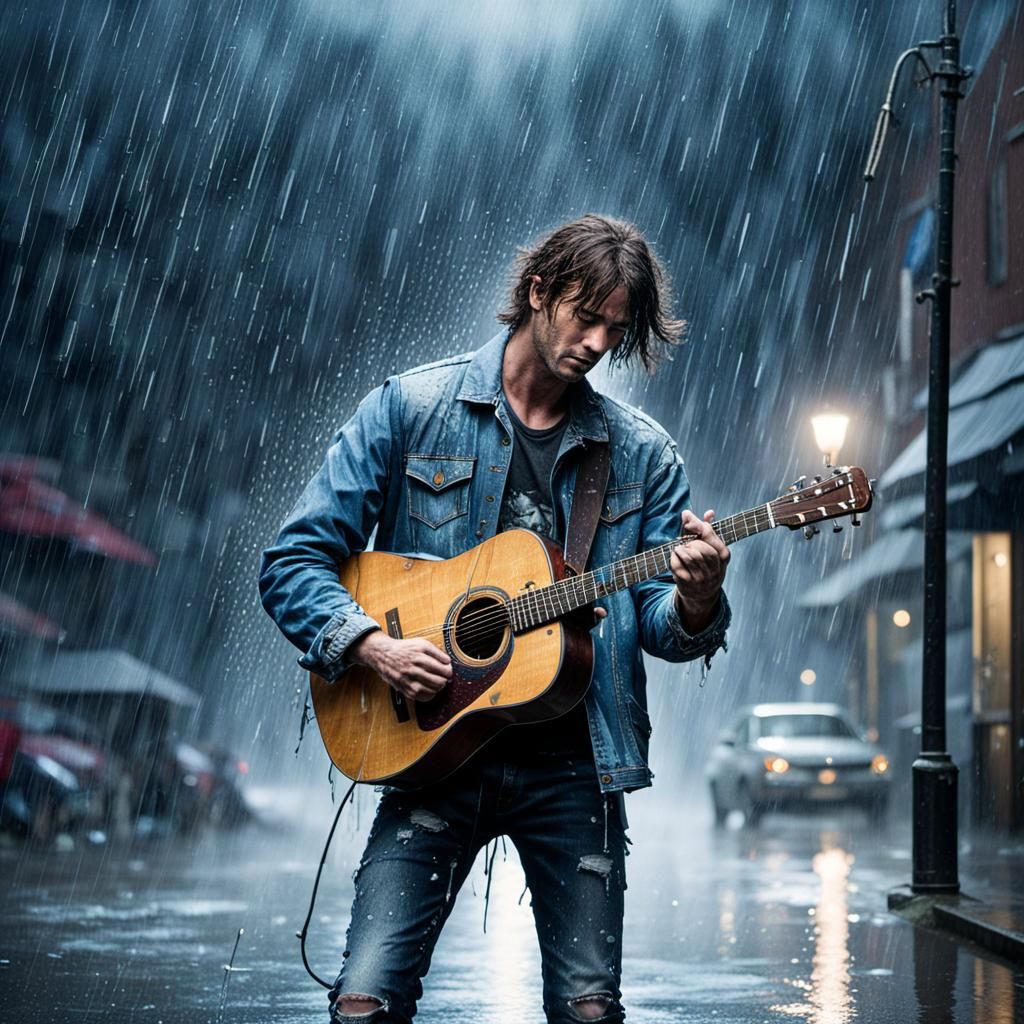 Man Playing Guitar in Rainy Cityscape