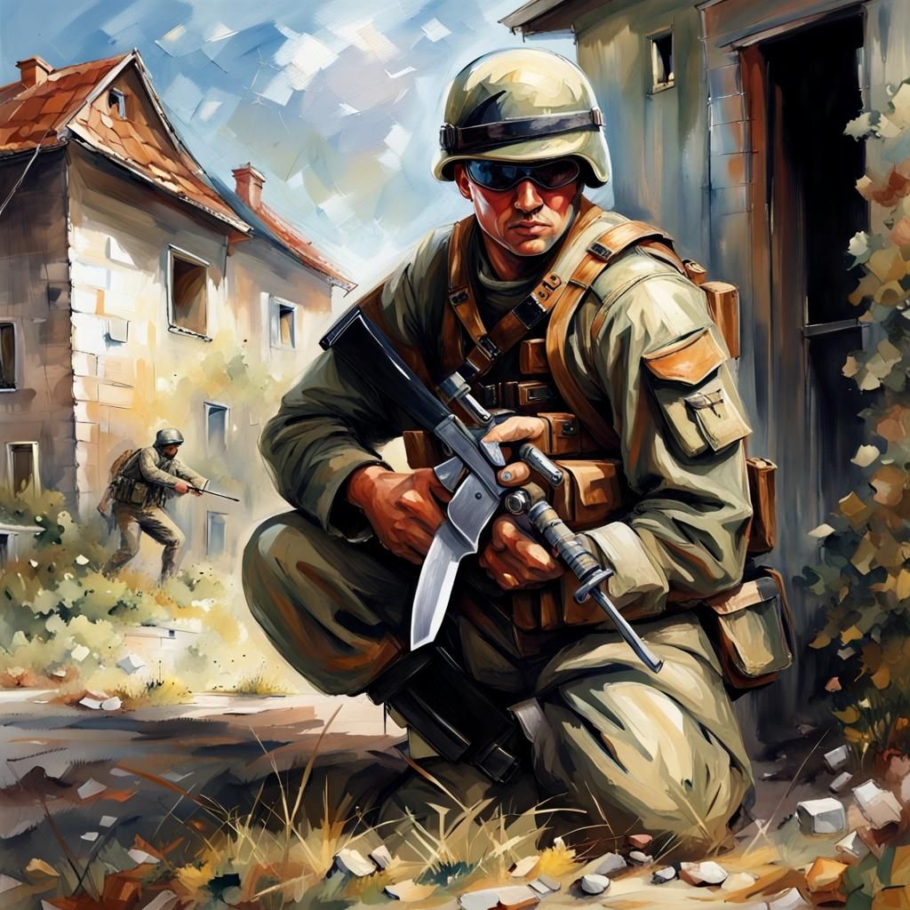 Soldier with Knife in War Setting