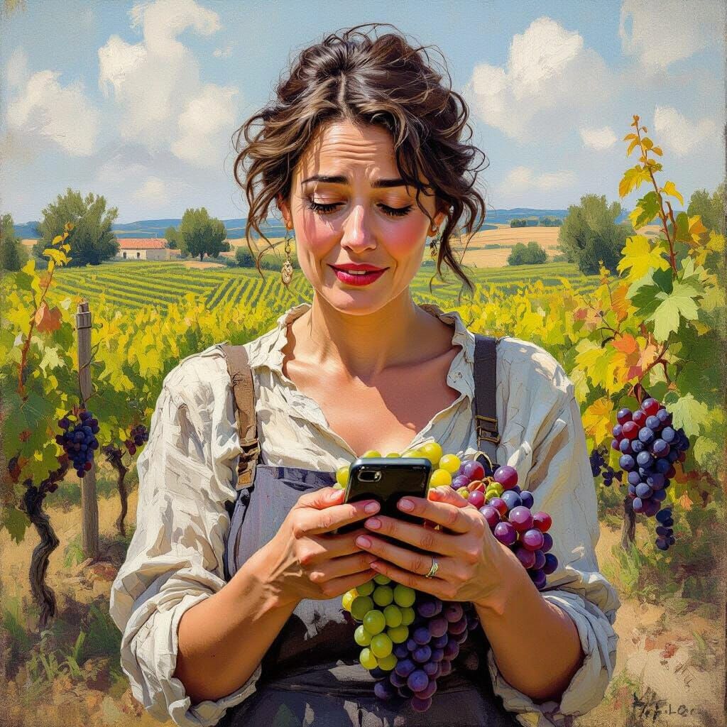 French Woman's Euphoria in Impressionistic Vineyard