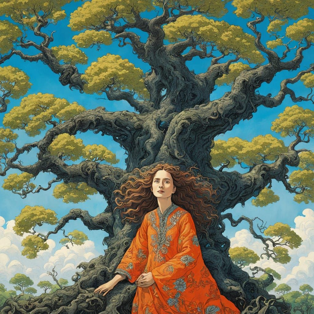 Ethereal Futurist Goddess Amidst Ancient Oak