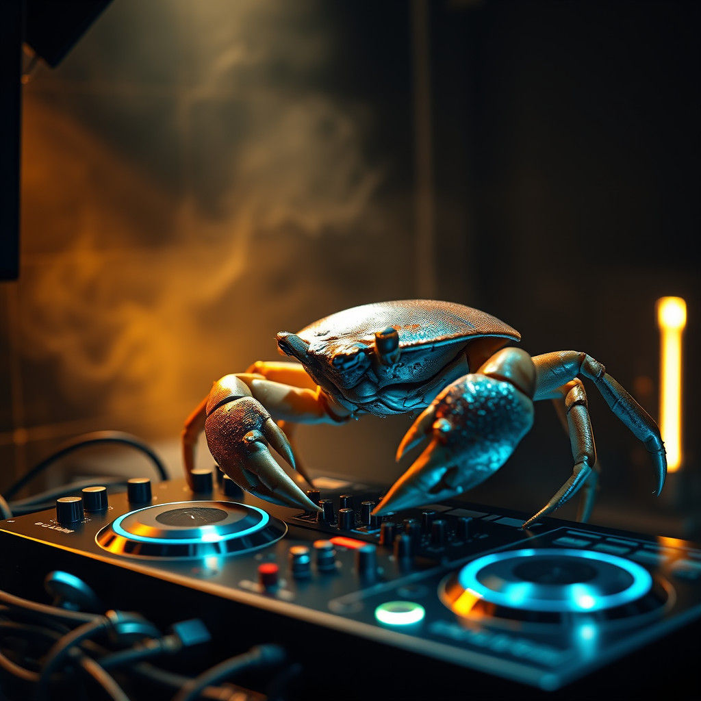 Majestic Crab DJing in Hyperrealistic Detail