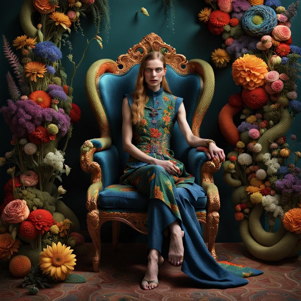Model and Cosmic Serpent in Surreal Flower Chair