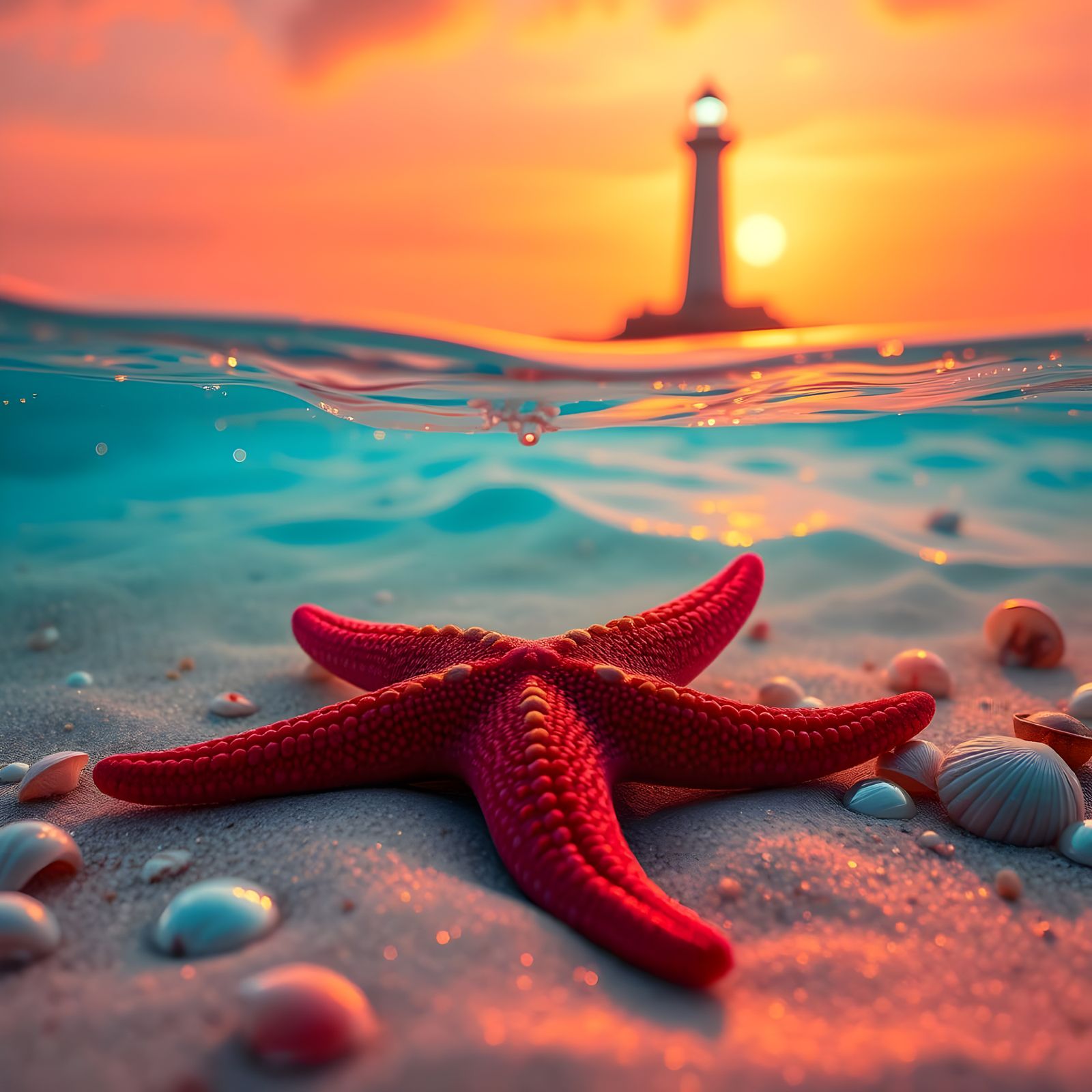 Surreal Sunset Starfish Masterpiece in Iridescent Shells