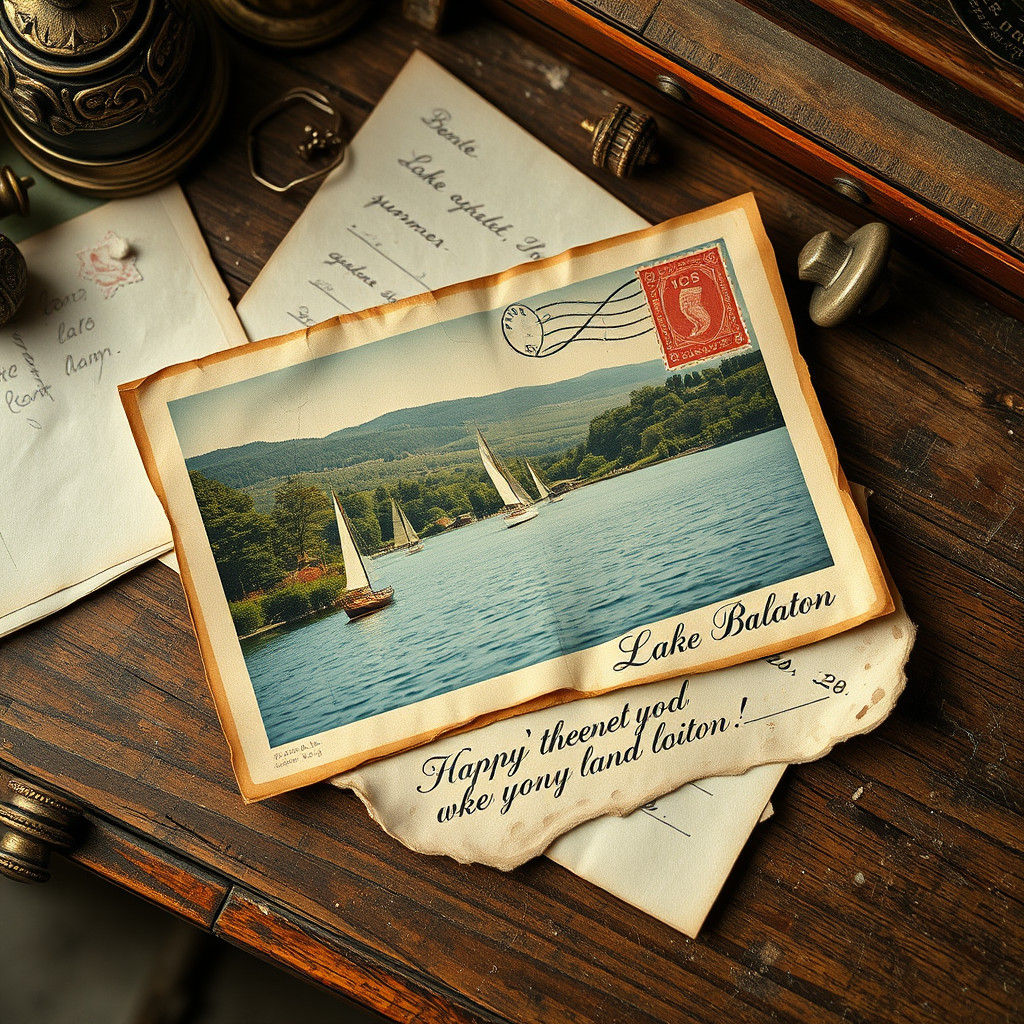 Vintage Postcard Scene on Lake Balaton in a Cozy, Nostalgic...