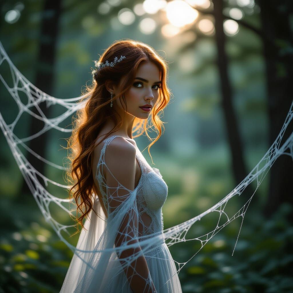 Ethereal Woman in Spiderwebs in Moonlit Forest